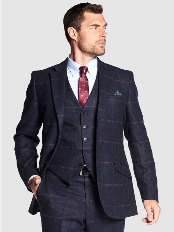 Tweed Kostuum Donker Blauw Met Roze Ruit Yorkshire Tweed