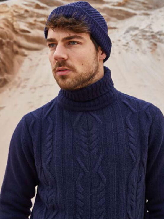 Alan Paine, Kabeltrui Navy Roll Neck Jumper-Updated Fit