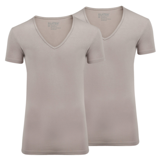 Slater t-shirt stretch diepe v hals, 2 pack wit/khaki