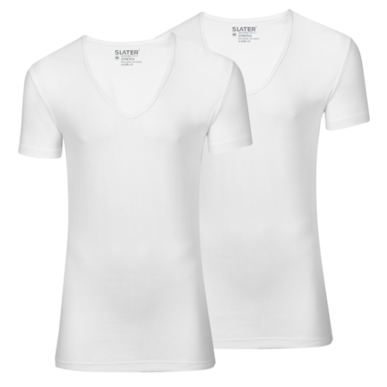 Slater t-shirt stretch diepe v hals, 2 pack wit/khaki - Afbeelding 2