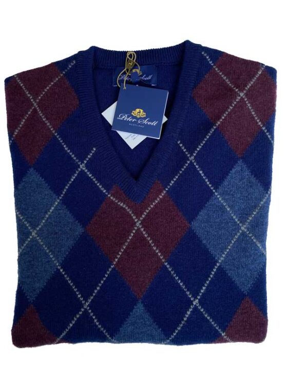 Peter Scott Lamswol Argyle Pullover V-Hals Marine