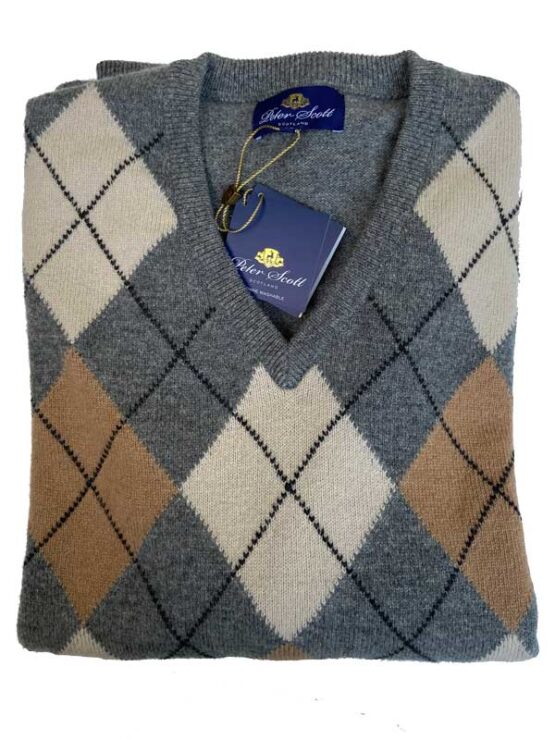 Peter Scott Lamswol Argyle Pullover V-Hals Grijs/Beige