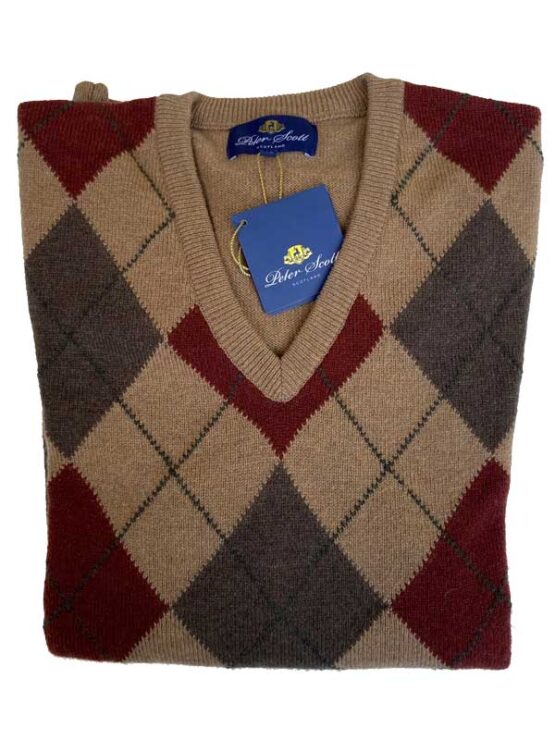 Peter Scott Lamswol Argyle Pullover V-Hals Camel