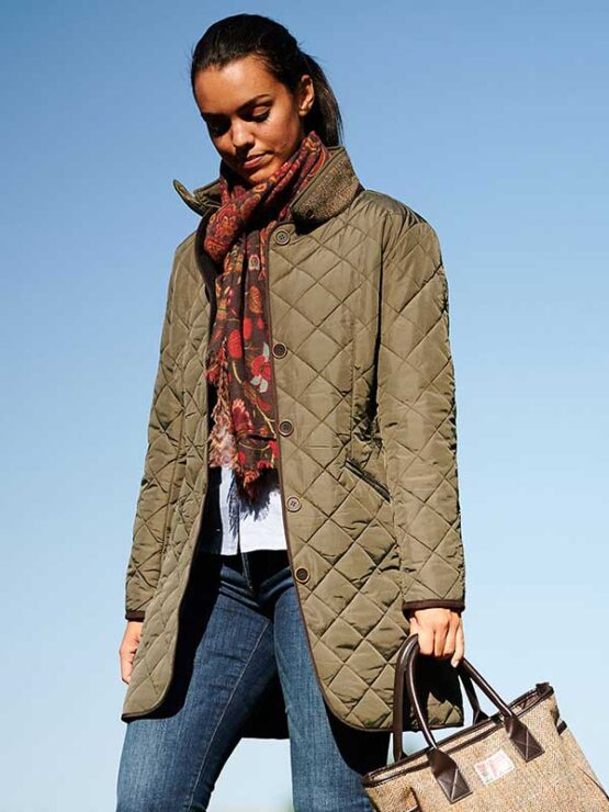Wellington, Harris Tweed damesjas gesteppt met Polarfleece Olijfgroen