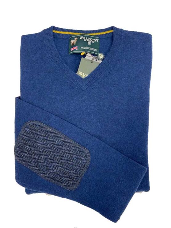 Pullover lambswool met Harris Tweed details Blauw