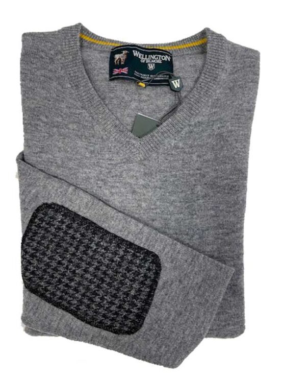 Pullover lambswool met Harris Tweed details Grijs