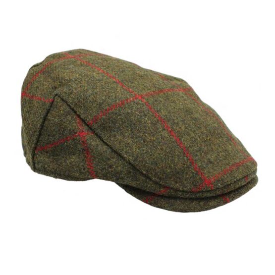 Tweed Flat Cap, Groen met rode overruit