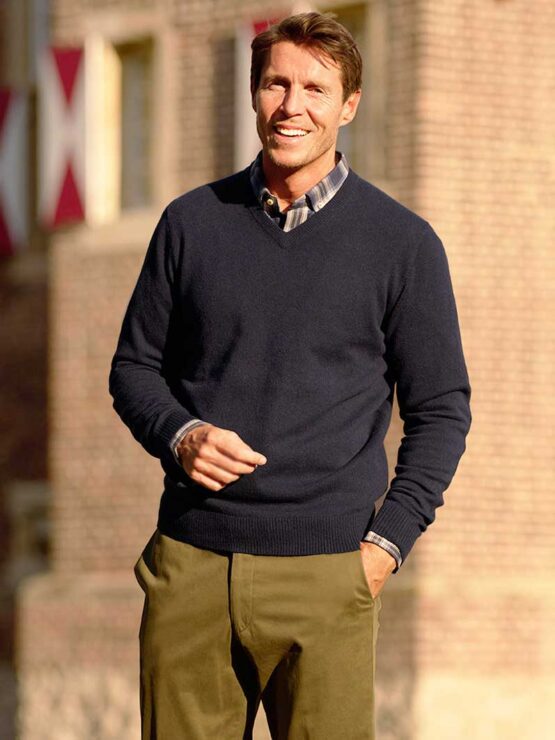 Pullover Merinowool met Harris Tweed details Navy