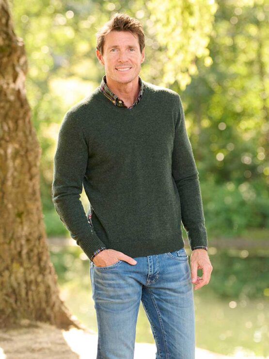 Pullover Merinowool met Harris Tweed details Forest Green