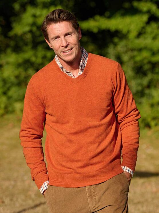 Pullover Merinowool met Harris Tweed details Oranje