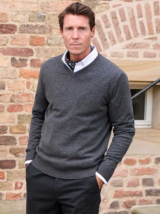 Pullover Merinowool met Harris Tweed details Antraciet