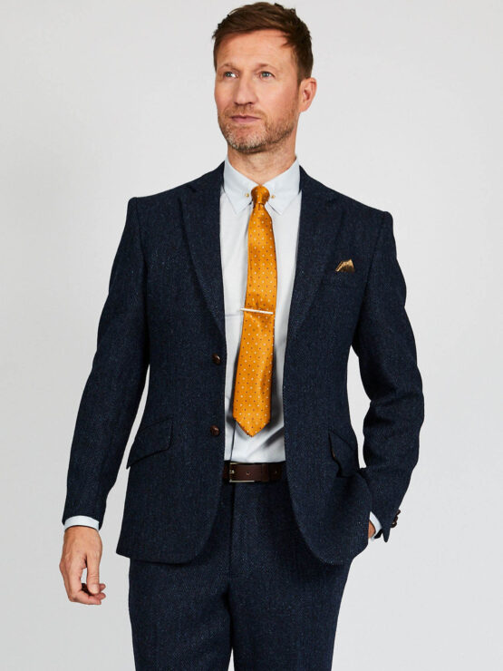 Harris Tweed Jacket Leather Buttons- Navy Herringbone - Afbeelding 3