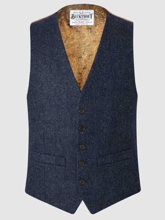 Tweed Vestje, Iain Waistcoat - Blue Herringbone Yorkshire Tweed