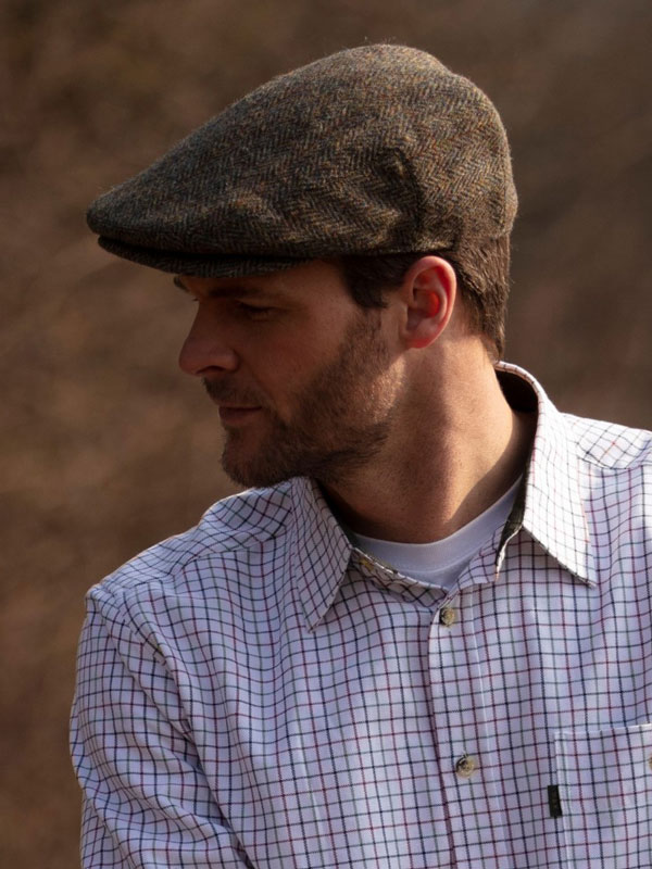 Flat_Cap_670_Harris_Tweed_Brown_Herringbone_with_Overcheck