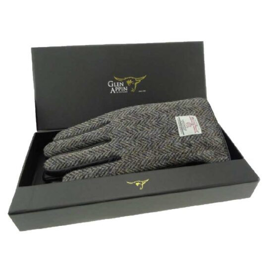 Gents Black Leather & Harris Tweed Gloves Boxed in Heather HB