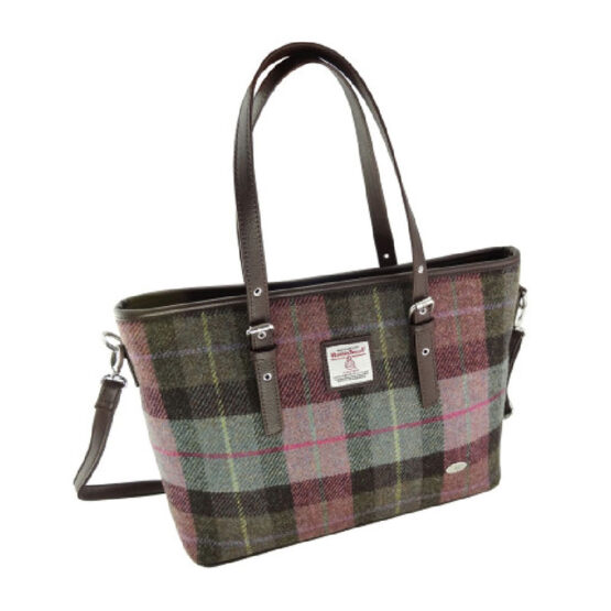 Harris Tweed 'Spey' Tote Bag' in Muted Green & Purple Tartan