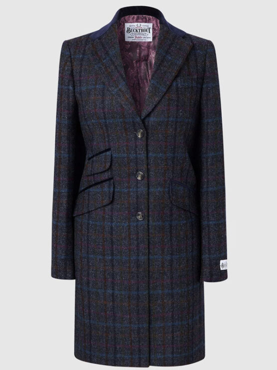 Harris Tweed Dames Overjas, Tori 3/4 Coat Navy Multi Check - Afbeelding 2