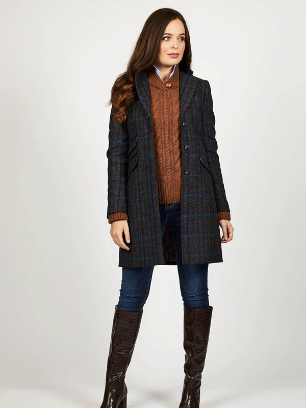 Harris Tweed Dames Overjas, Tori 3/4 Coat Navy Multi Check - Afbeelding 3