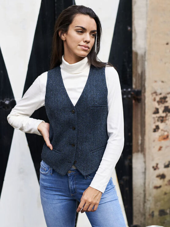 Wellington Harris Tweed Dames Vestje 610 "Lea" In Blauw Visgraat