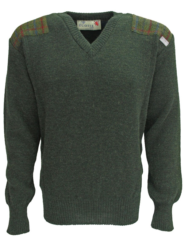 Vee_neck_sweater_with_Harris_Tweed_patches_Mossgreen