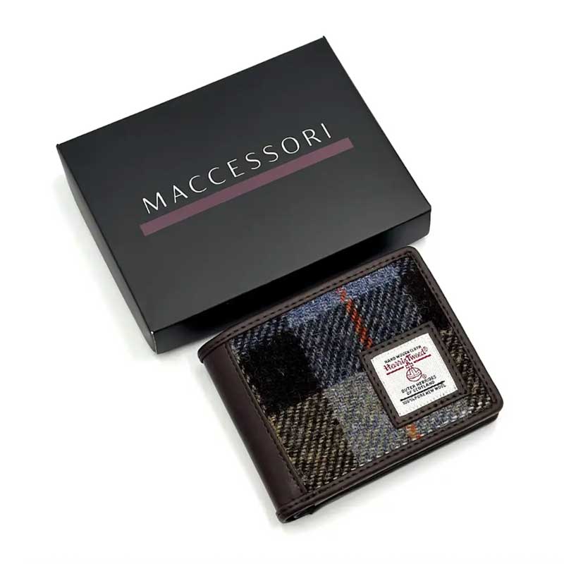 Harris Tweed Bifold Coin Wallet In Blue/Brown Check - Afbeelding 4
