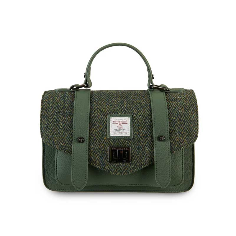 Harris Tweed Clutch, The Leather Medium Satchel, Islander, Dark Green Herringbone