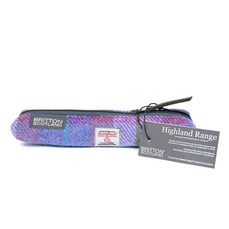 Harris Tweed Highland Range Slim Pencil Case Pink Lavender Plaid