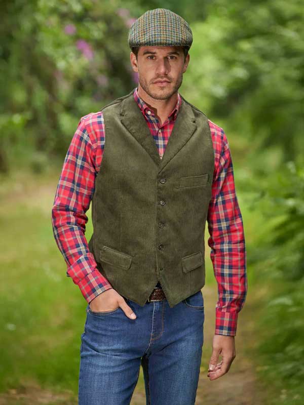 Corduroy Vestje "Wales" In Met Revers In Moss Green - Afbeelding 2