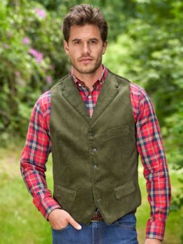 Corduroy Vestje "Wales" In Met Revers In Moss Green