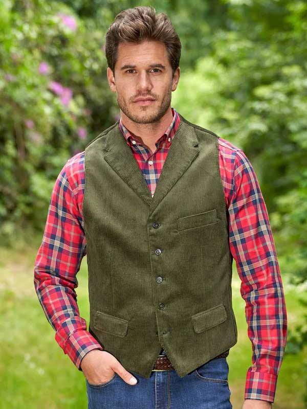 Corduroy Vestje "Wales" In Met Revers In Moss Green